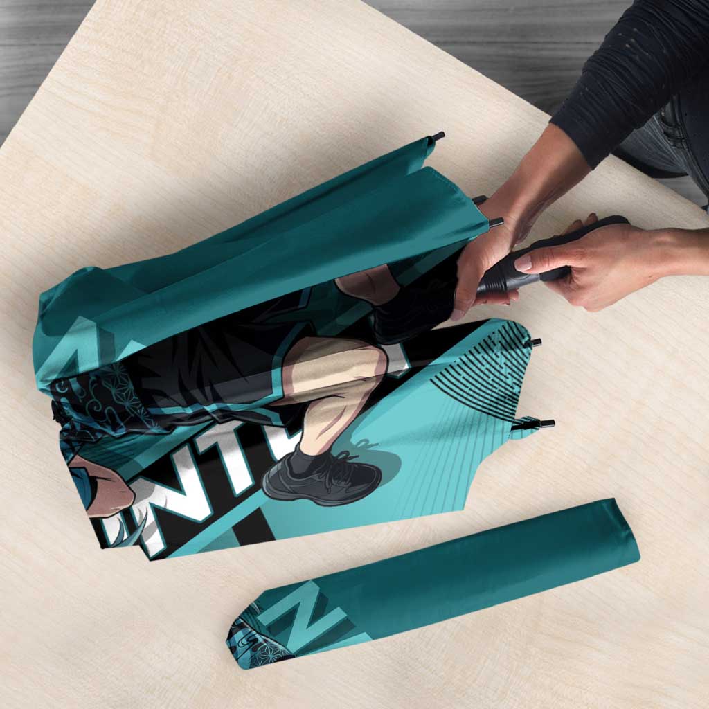 Personalized Tokito Muichiro Demon Slayer Badminton Umbrella with Racket Action Pose and Teal Black Graphic Design - The Mazicc