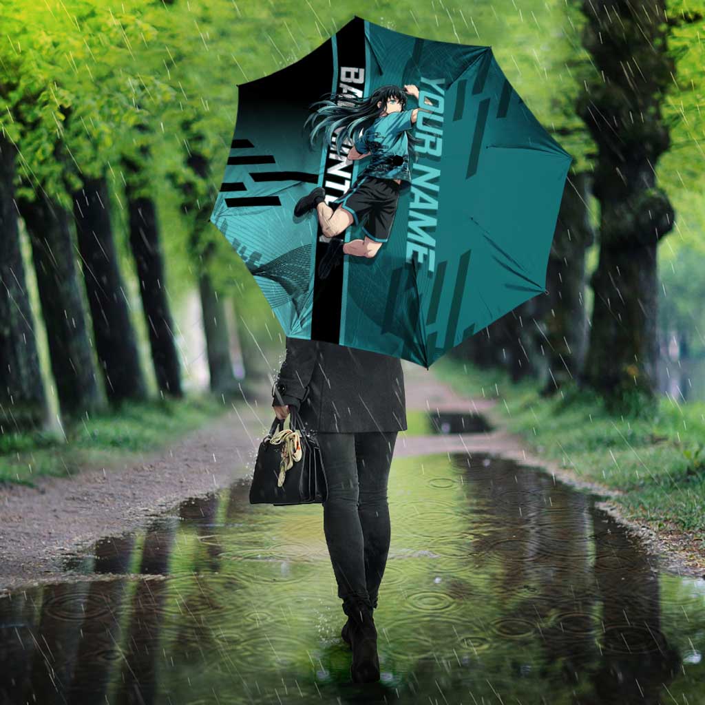 Personalized Tokito Muichiro Demon Slayer Badminton Umbrella with Racket Action Pose and Teal Black Graphic Design - The Mazicc