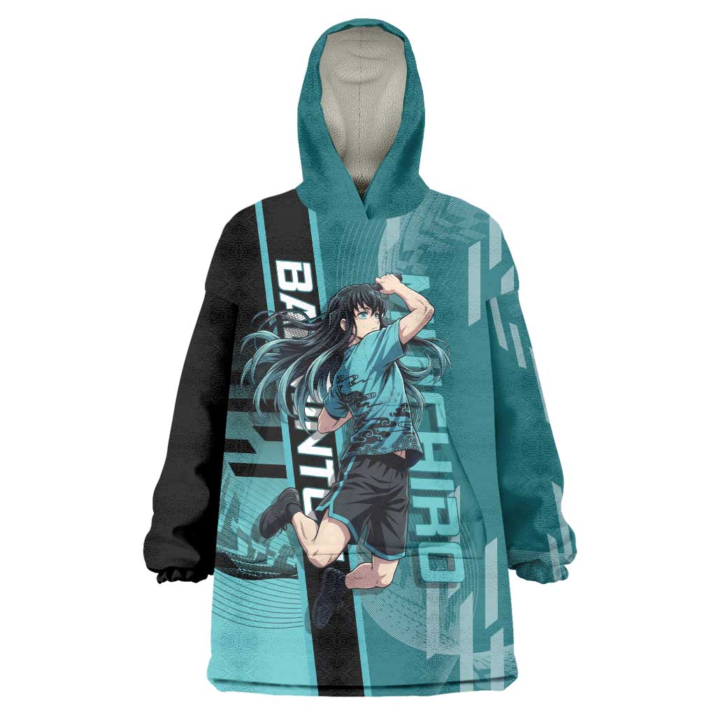 Personalized Tokito Muichiro Demon Slayer Badminton Wearable Blanket Hoodie with Racket Action Pose and Teal Black Graphic Design - The Mazicc
