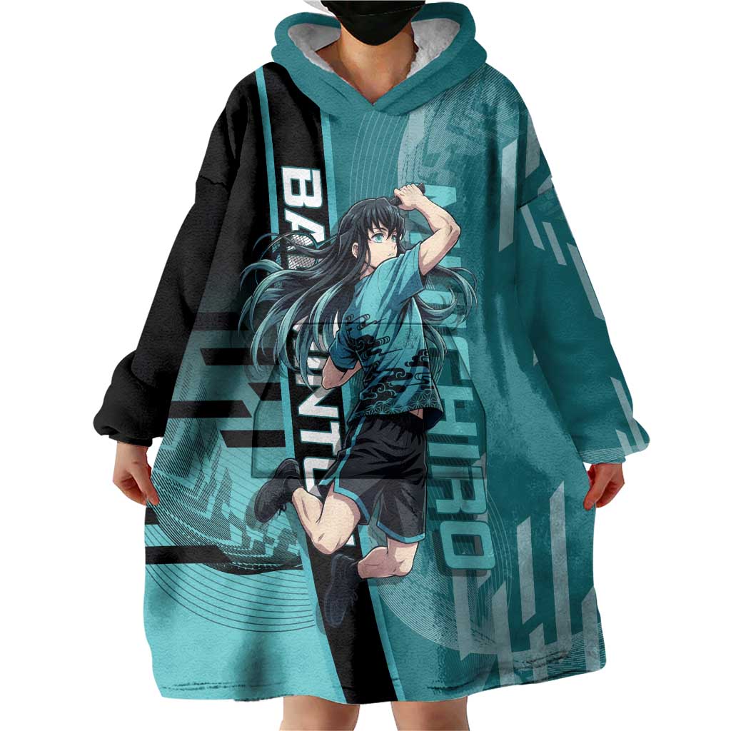 Personalized Tokito Muichiro Demon Slayer Badminton Wearable Blanket Hoodie with Racket Action Pose and Teal Black Graphic Design - The Mazicc