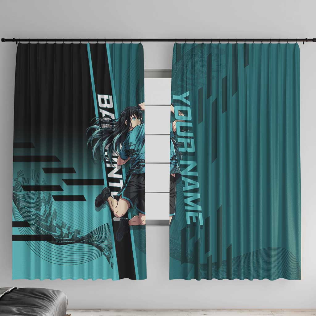 Personalized Tokito Muichiro Demon Slayer Badminton Window Curtain with Racket Action Pose and Teal Black Graphic Design - The Mazicc