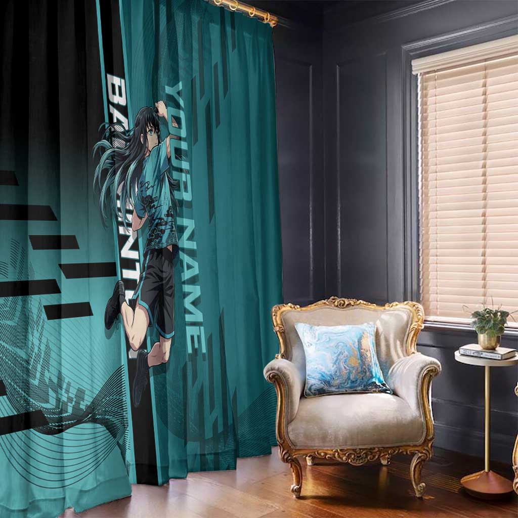Personalized Tokito Muichiro Demon Slayer Badminton Window Curtain with Racket Action Pose and Teal Black Graphic Design - The Mazicc