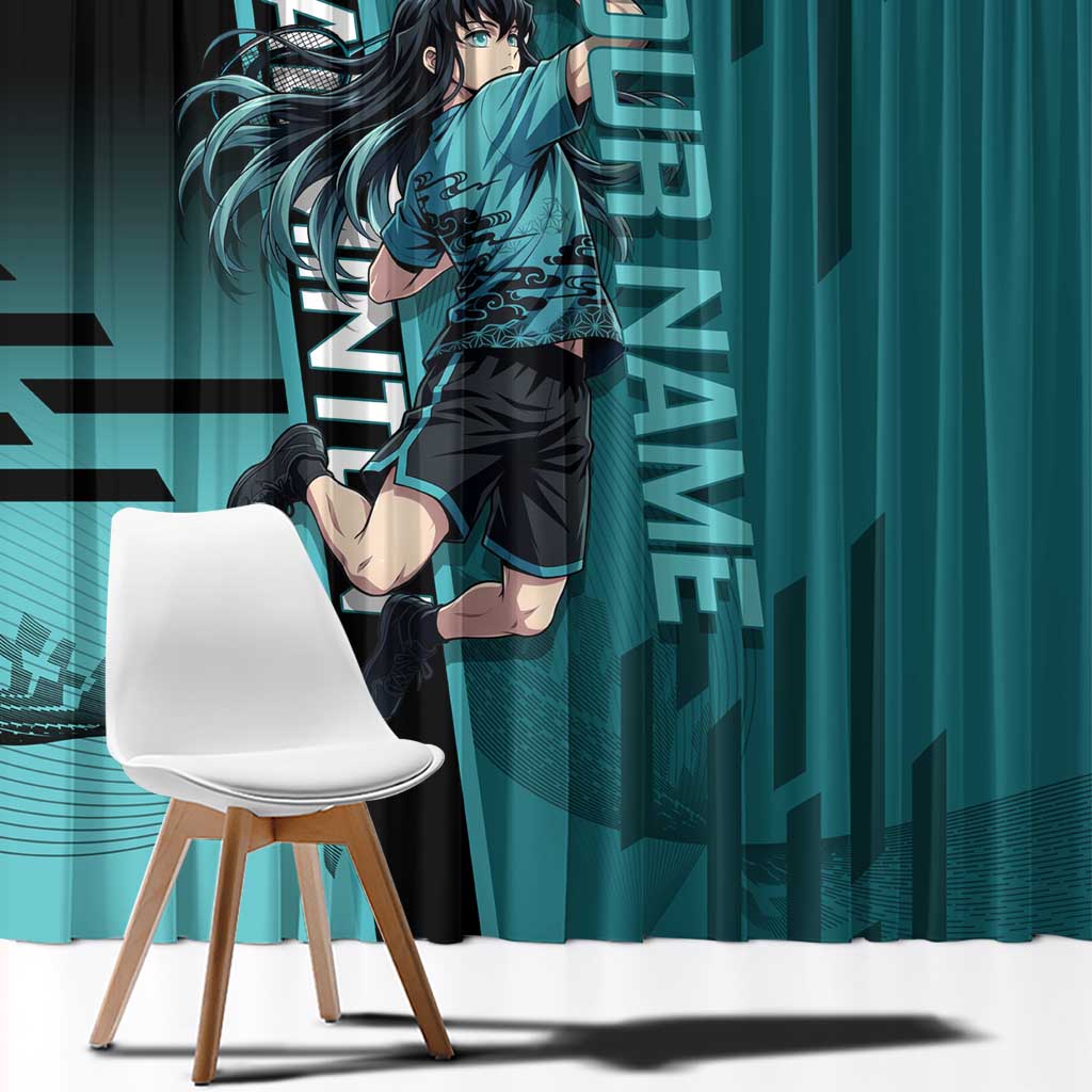 Personalized Tokito Muichiro Demon Slayer Badminton Window Curtain with Racket Action Pose and Teal Black Graphic Design - The Mazicc