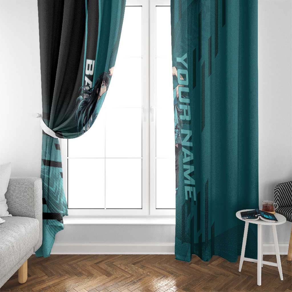 Personalized Tokito Muichiro Demon Slayer Badminton Window Curtain with Racket Action Pose and Teal Black Graphic Design - The Mazicc