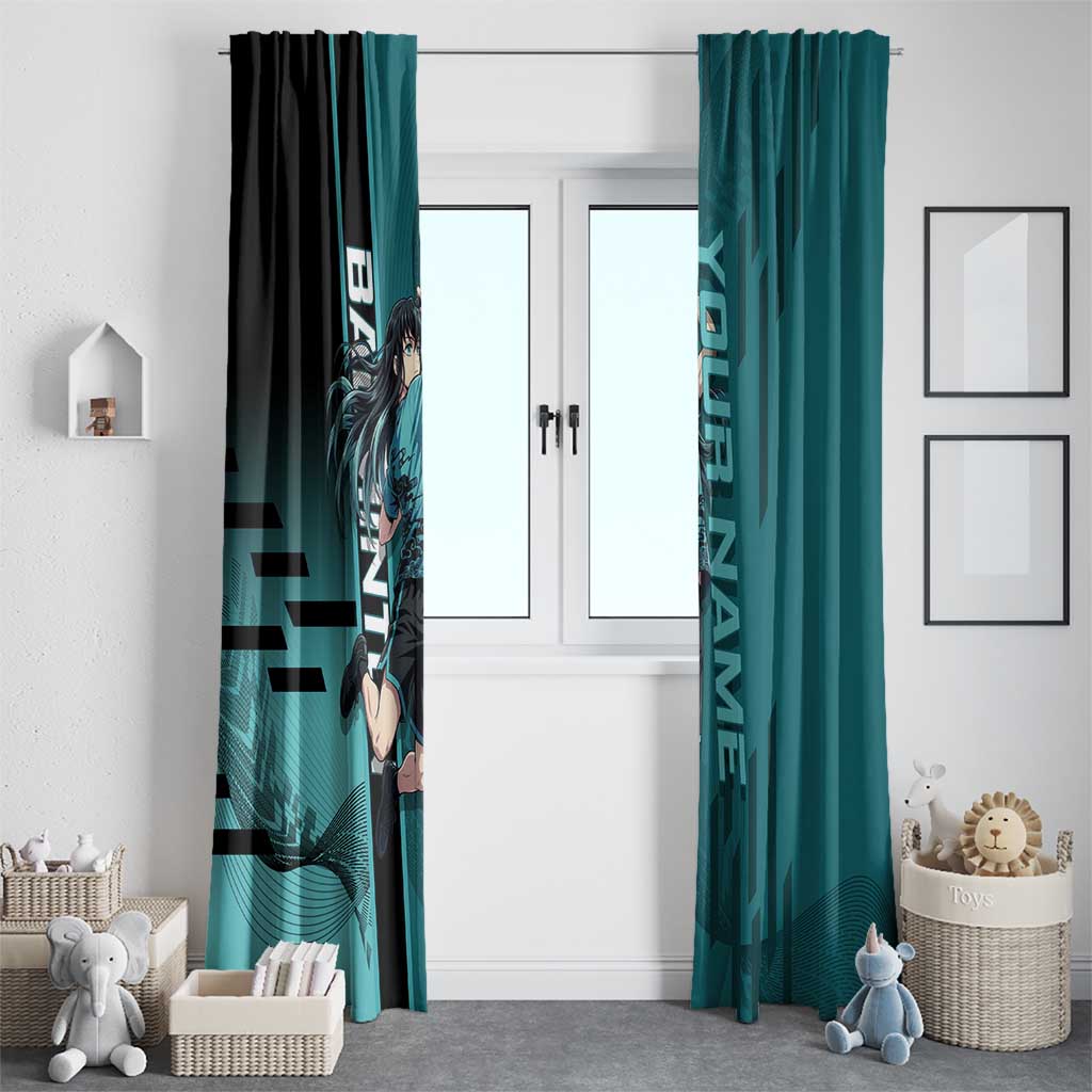 Personalized Tokito Muichiro Demon Slayer Badminton Window Curtain with Racket Action Pose and Teal Black Graphic Design - The Mazicc