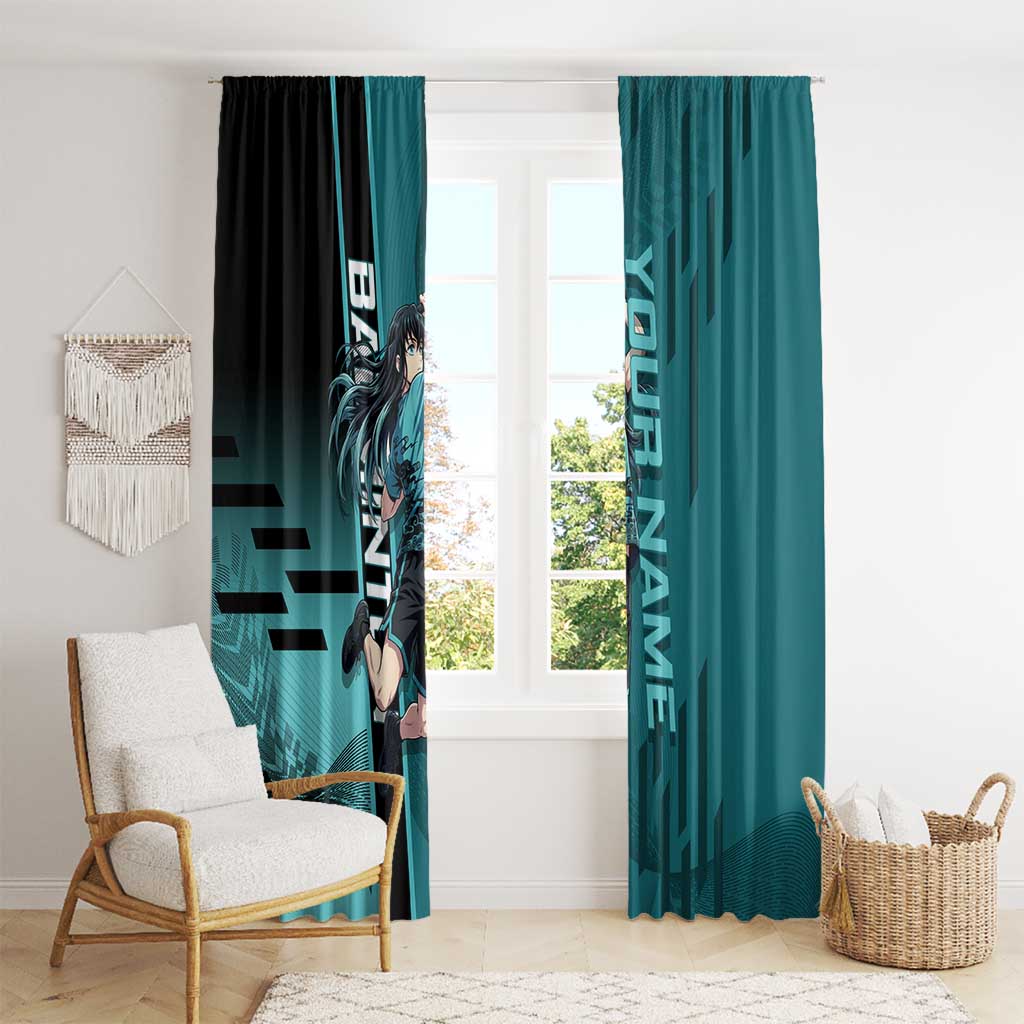 Personalized Tokito Muichiro Demon Slayer Badminton Window Curtain with Racket Action Pose and Teal Black Graphic Design - The Mazicc