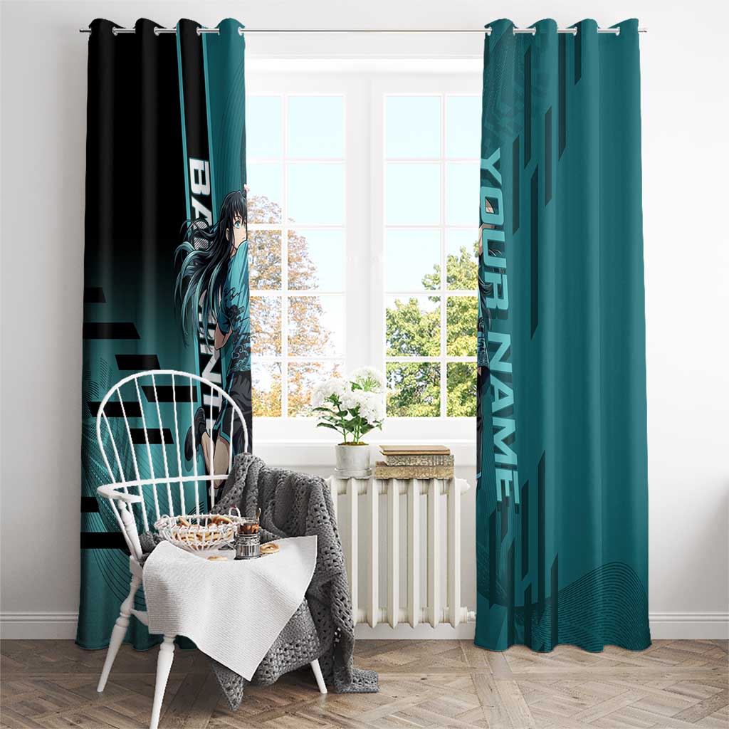 Personalized Tokito Muichiro Demon Slayer Badminton Window Curtain with Racket Action Pose and Teal Black Graphic Design - The Mazicc