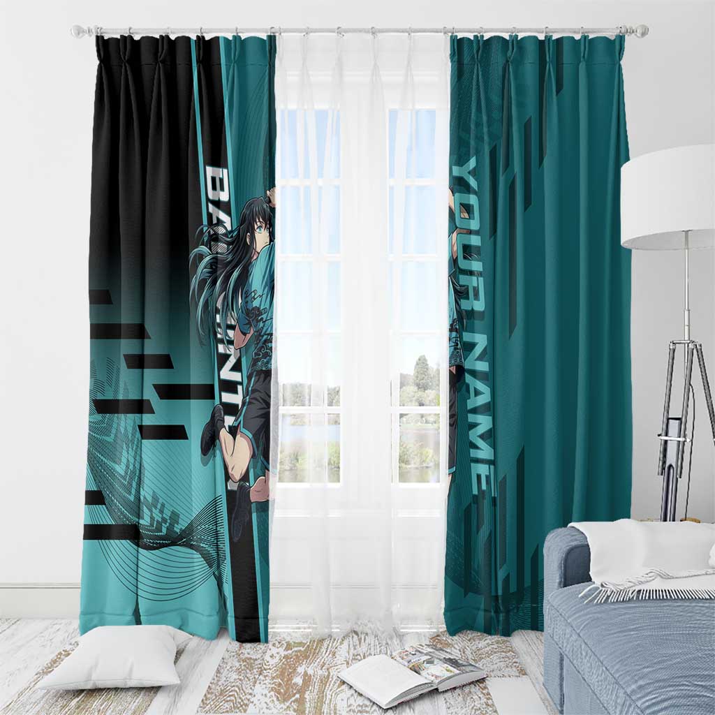 Personalized Tokito Muichiro Demon Slayer Badminton Window Curtain with Racket Action Pose and Teal Black Graphic Design - The Mazicc