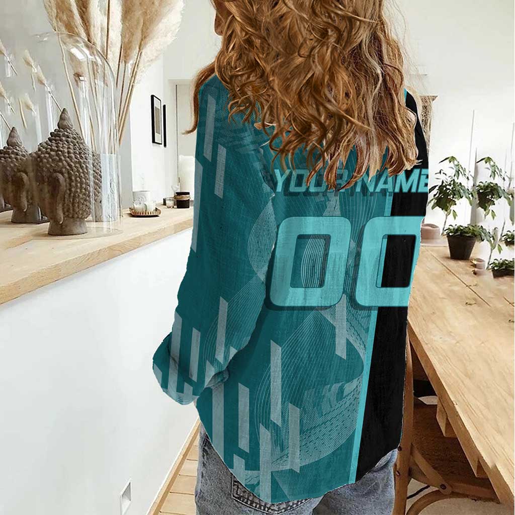 Personalized Tokito Muichiro Demon Slayer Badminton Women Casual Shirt with Racket Action Pose and Teal Black Graphic Design - The Mazicc