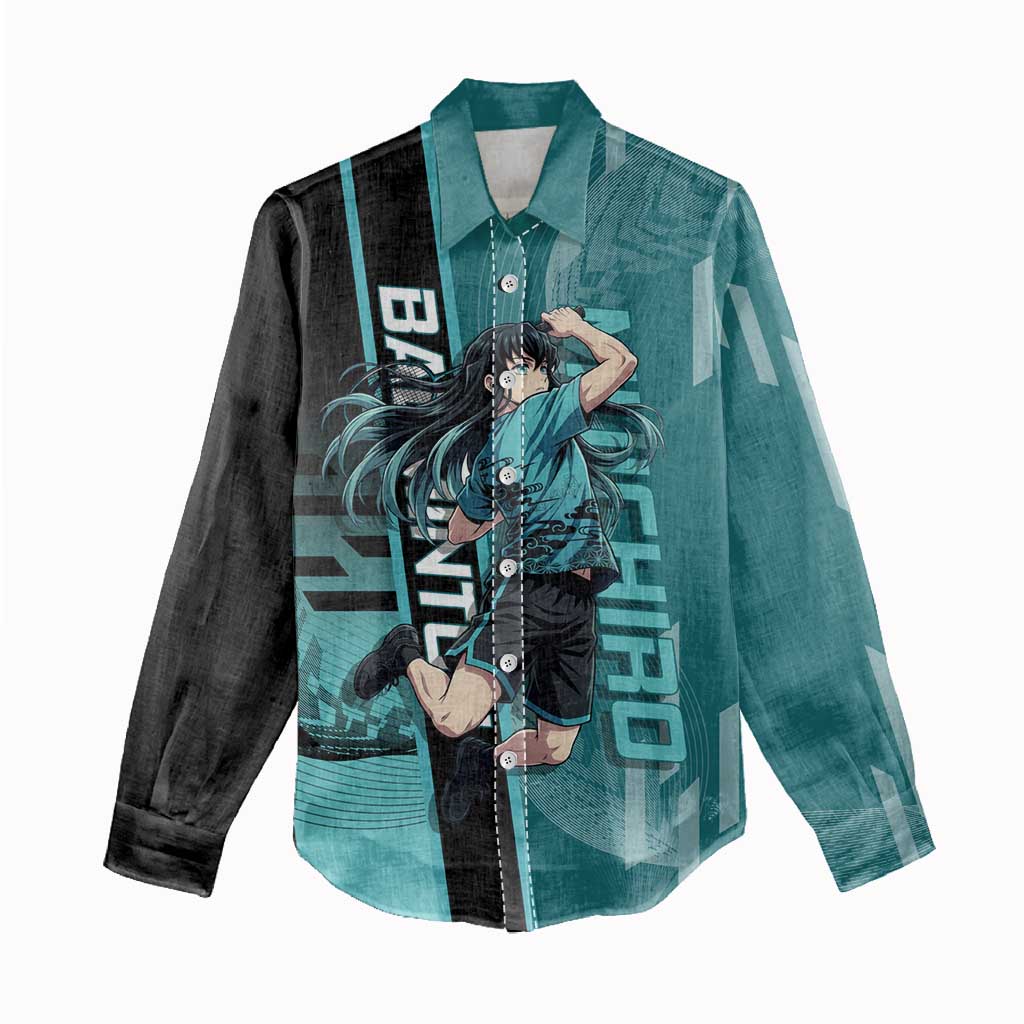 Personalized Tokito Muichiro Demon Slayer Badminton Women Casual Shirt with Racket Action Pose and Teal Black Graphic Design - The Mazicc