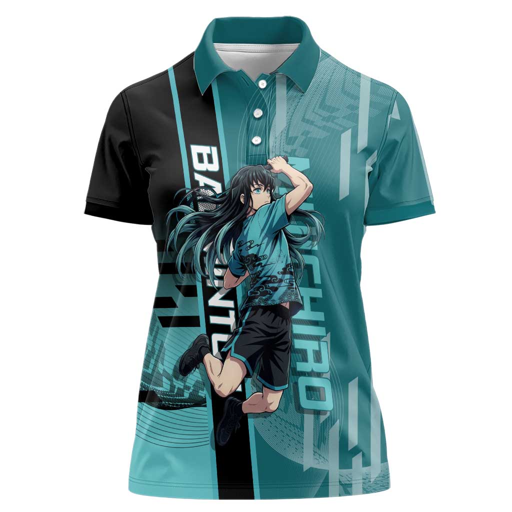 Personalized Tokito Muichiro Demon Slayer Badminton Women Polo Shirt with Racket Action Pose and Teal Black Graphic Design - The Mazicc