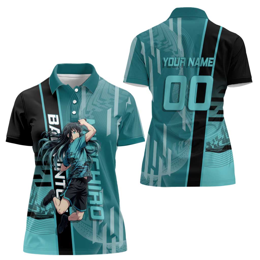 Personalized Tokito Muichiro Demon Slayer Badminton Women Polo Shirt with Racket Action Pose and Teal Black Graphic Design - The Mazicc