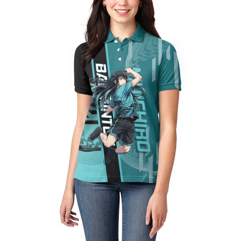 Personalized Tokito Muichiro Demon Slayer Badminton Women Polo Shirt with Racket Action Pose and Teal Black Graphic Design - The Mazicc