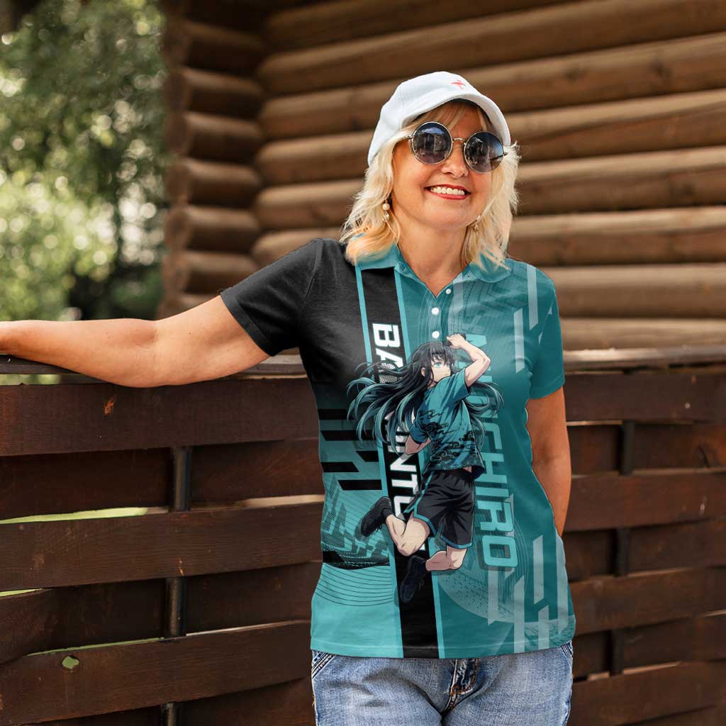 Personalized Tokito Muichiro Demon Slayer Badminton Women Polo Shirt with Racket Action Pose and Teal Black Graphic Design - The Mazicc