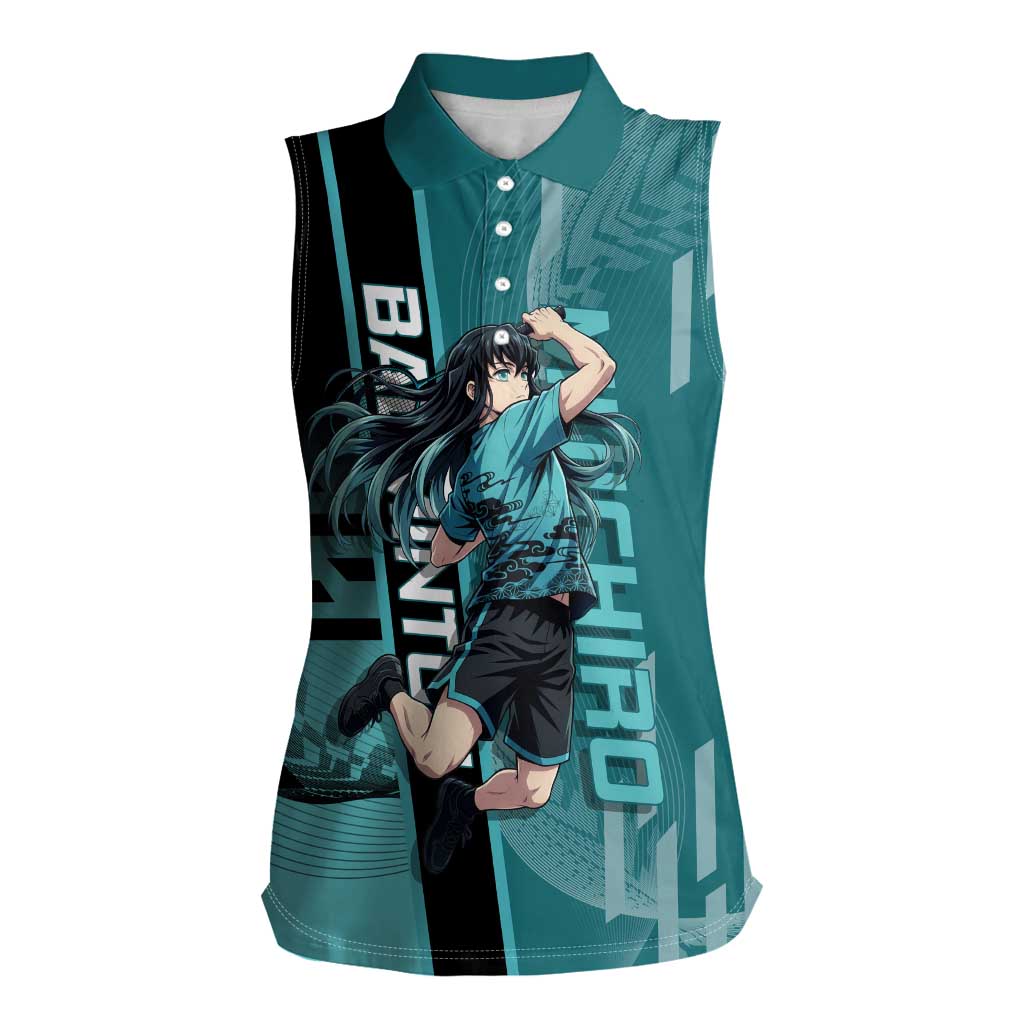 Personalized Tokito Muichiro Demon Slayer Badminton Women Sleeveless Polo Shirt with Racket Action Pose and Teal Black Graphic Design - The Mazicc