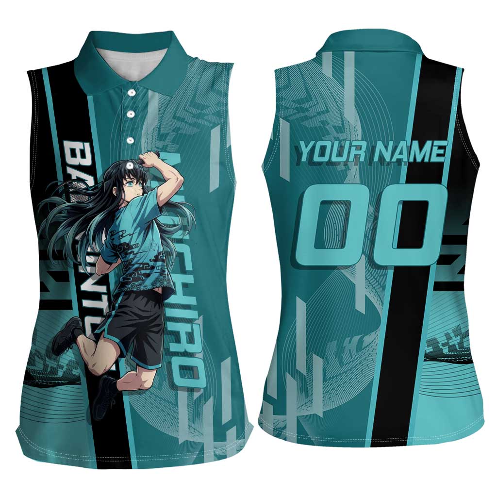 Personalized Tokito Muichiro Demon Slayer Badminton Women Sleeveless Polo Shirt with Racket Action Pose and Teal Black Graphic Design - The Mazicc