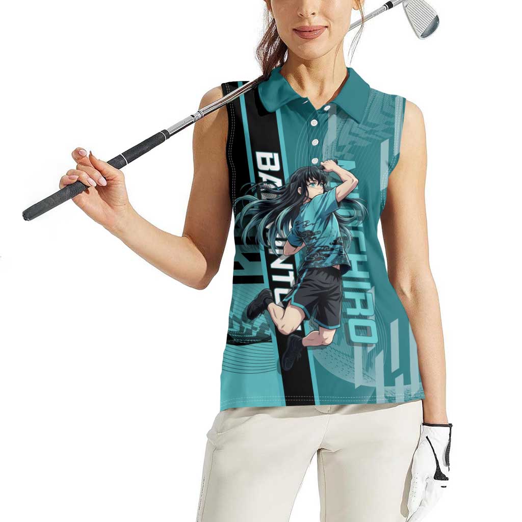 Personalized Tokito Muichiro Demon Slayer Badminton Women Sleeveless Polo Shirt with Racket Action Pose and Teal Black Graphic Design - The Mazicc