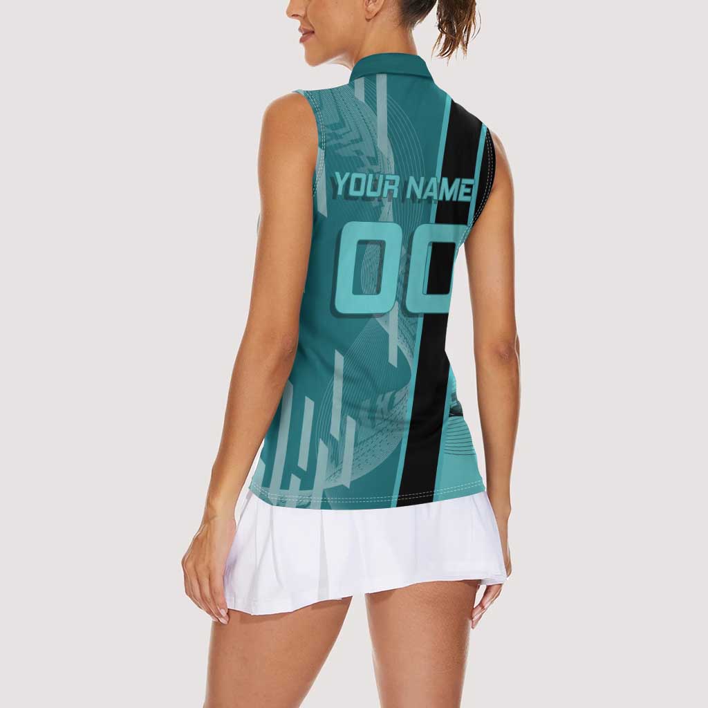Personalized Tokito Muichiro Demon Slayer Badminton Women Sleeveless Polo Shirt with Racket Action Pose and Teal Black Graphic Design - The Mazicc