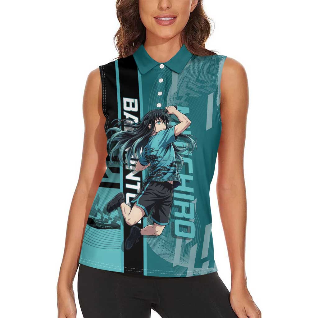 Personalized Tokito Muichiro Demon Slayer Badminton Women Sleeveless Polo Shirt with Racket Action Pose and Teal Black Graphic Design - The Mazicc