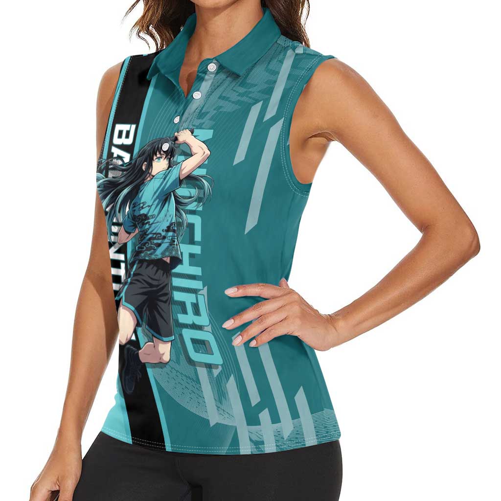 Personalized Tokito Muichiro Demon Slayer Badminton Women Sleeveless Polo Shirt with Racket Action Pose and Teal Black Graphic Design - The Mazicc