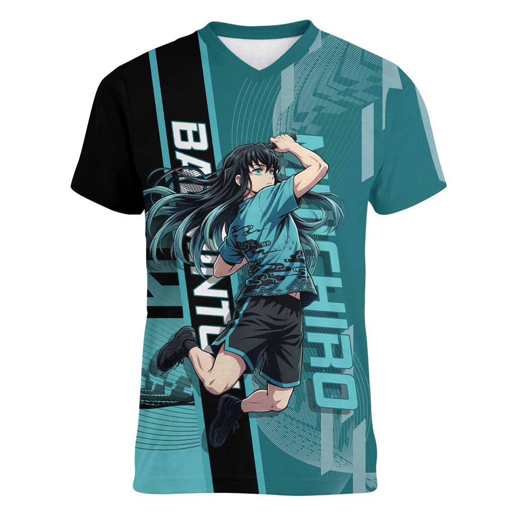 Personalized Tokito Muichiro Demon Slayer Badminton Women V-Neck T-Shirt with Racket Action Pose and Teal Black Graphic Design - The Mazicc