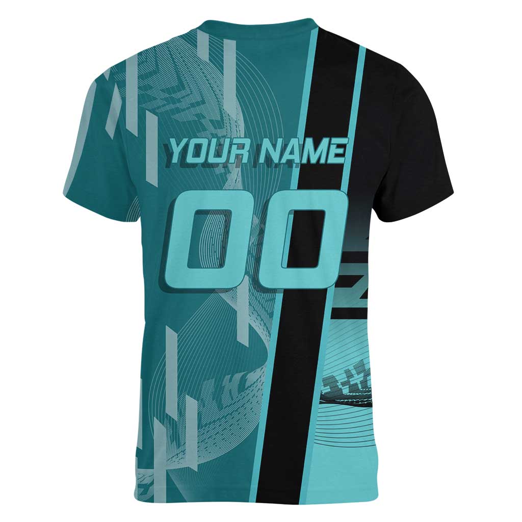 Personalized Tokito Muichiro Demon Slayer Badminton Women V-Neck T-Shirt with Racket Action Pose and Teal Black Graphic Design - The Mazicc