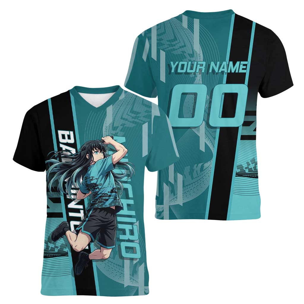 Personalized Tokito Muichiro Demon Slayer Badminton Women V-Neck T-Shirt with Racket Action Pose and Teal Black Graphic Design - The Mazicc