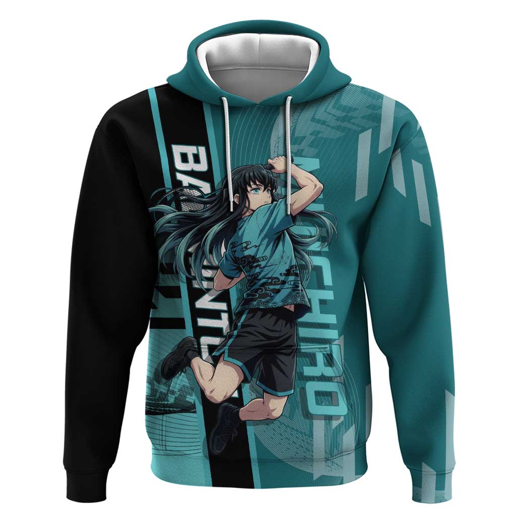 Personalized Tokito Muichiro Demon Slayer Badminton Zip Hoodie with Racket Action Pose and Teal Black Graphic Design - The Mazicc