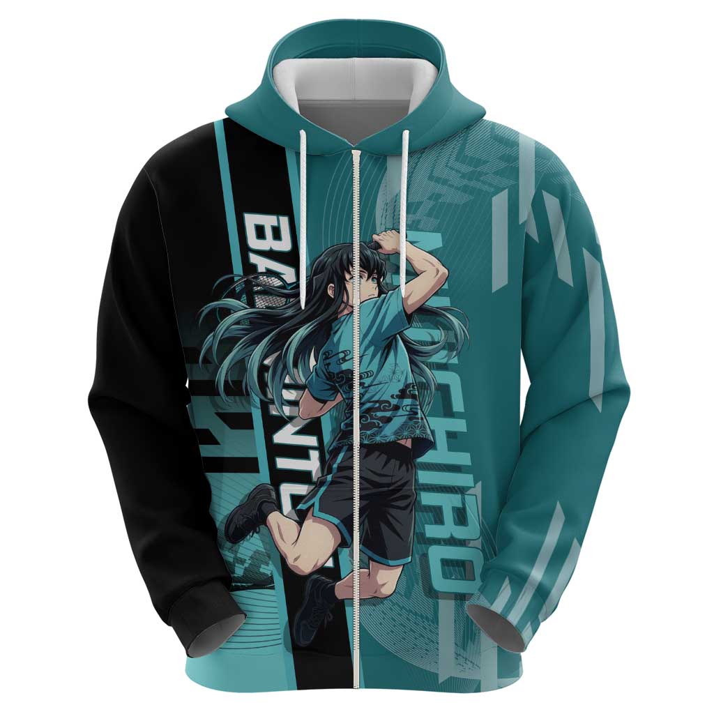 Personalized Tokito Muichiro Demon Slayer Badminton Zip Hoodie with Racket Action Pose and Teal Black Graphic Design - The Mazicc