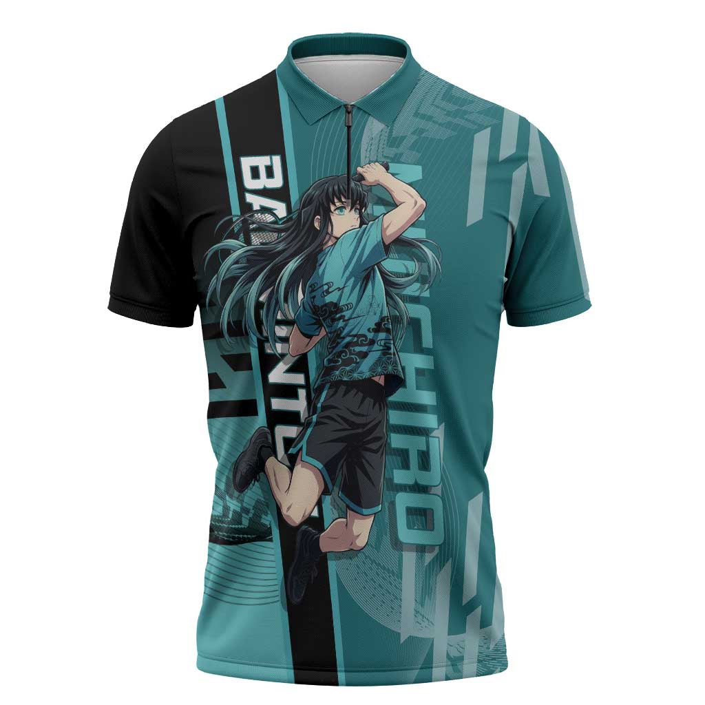 Personalized Tokito Muichiro Demon Slayer Badminton Zipper Polo Shirt with Racket Action Pose and Teal Black Graphic Design - The Mazicc