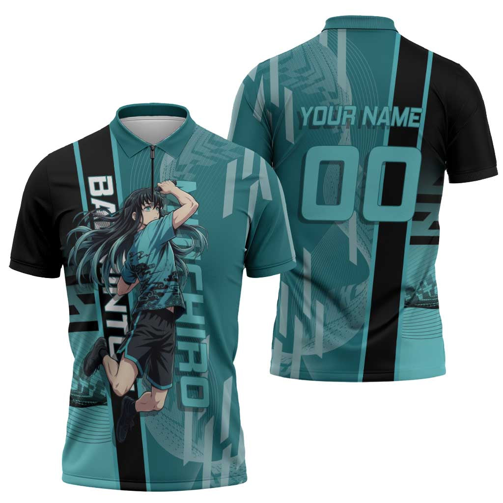 Personalized Tokito Muichiro Demon Slayer Badminton Zipper Polo Shirt with Racket Action Pose and Teal Black Graphic Design - The Mazicc