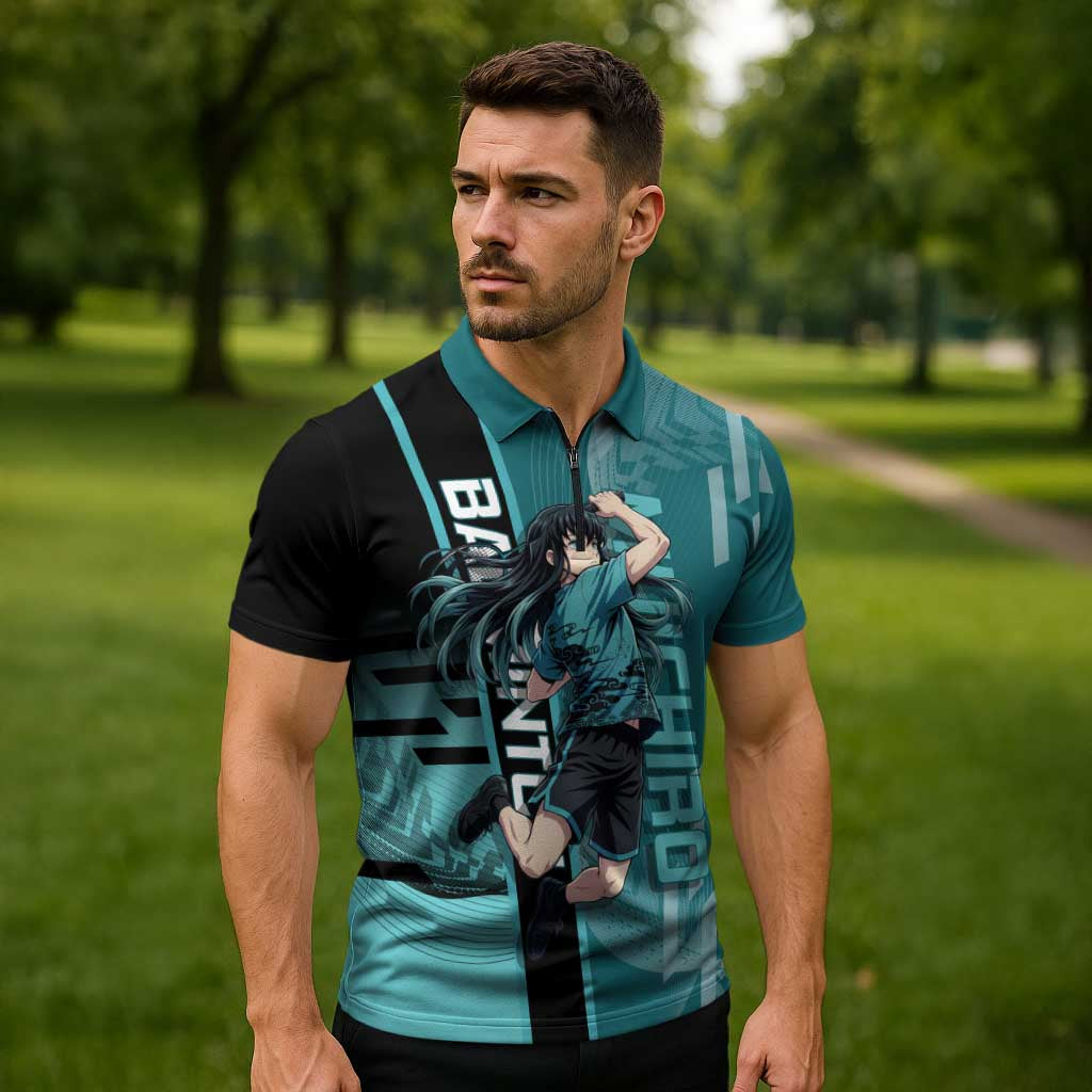 Personalized Tokito Muichiro Demon Slayer Badminton Zipper Polo Shirt with Racket Action Pose and Teal Black Graphic Design - The Mazicc