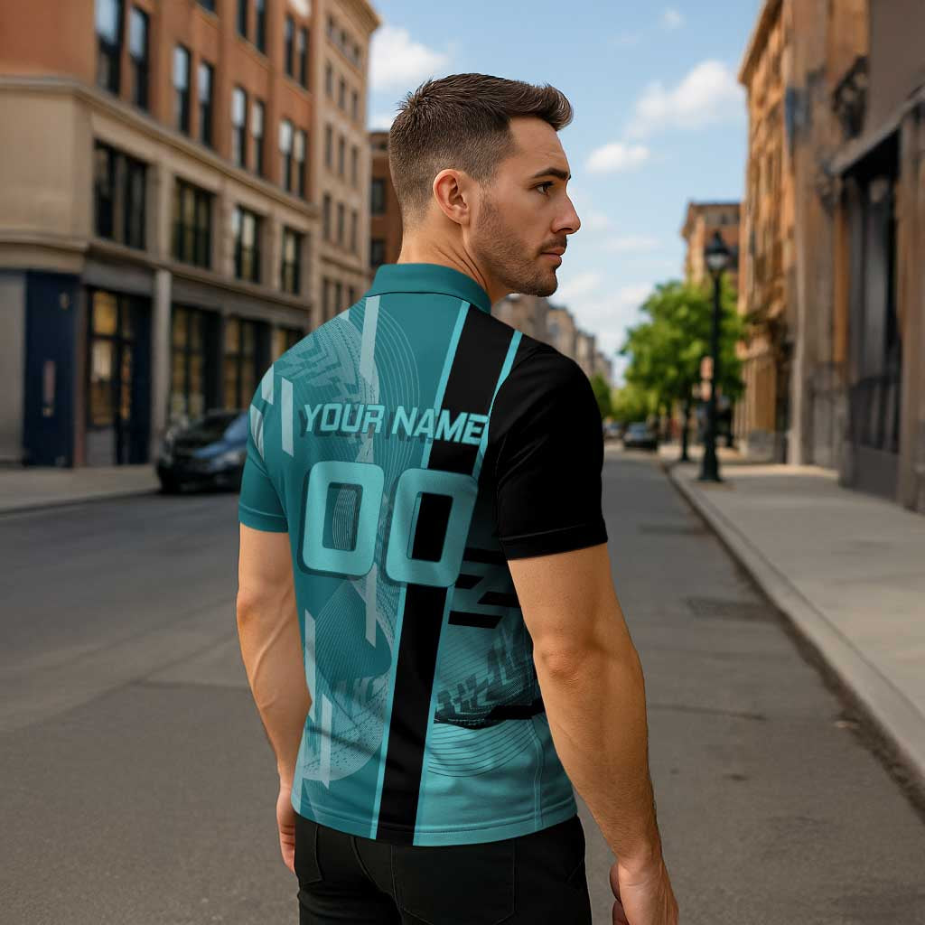 Personalized Tokito Muichiro Demon Slayer Badminton Zipper Polo Shirt with Racket Action Pose and Teal Black Graphic Design - The Mazicc