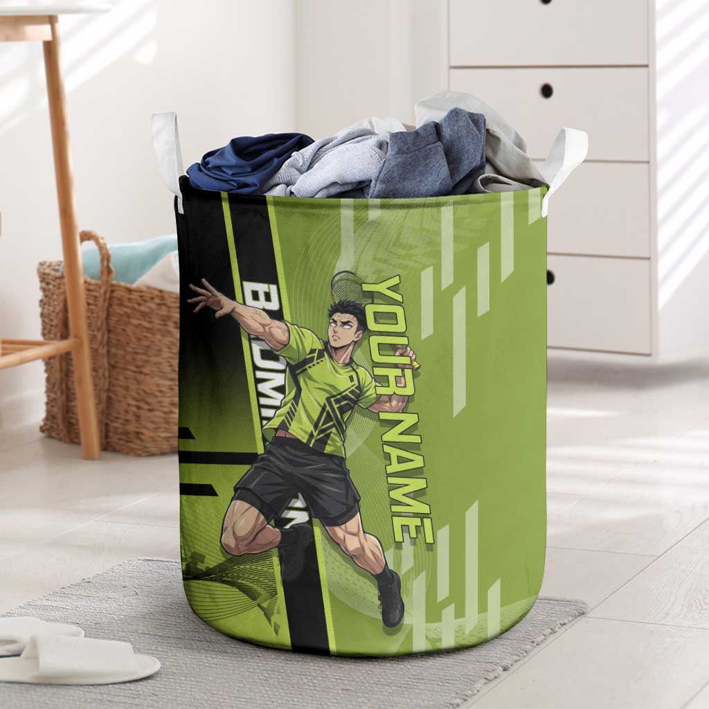 Personalized Gyomei Himejima Demon Slayer Badminton Laundry Basket with Racket Action Pose and Green Black Graphic Design - The Mazicc