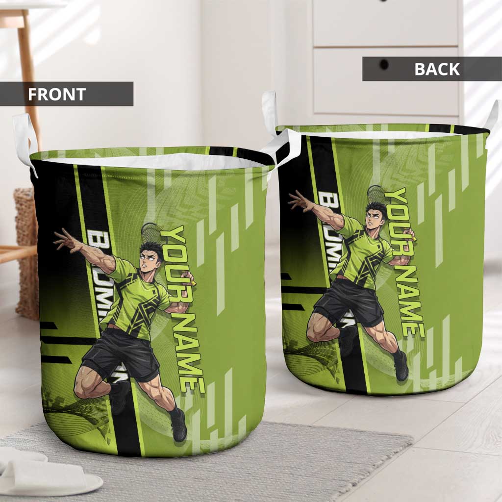 Personalized Gyomei Himejima Demon Slayer Badminton Laundry Basket with Racket Action Pose and Green Black Graphic Design - The Mazicc