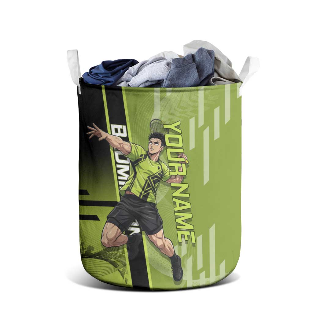 Personalized Gyomei Himejima Demon Slayer Badminton Laundry Basket with Racket Action Pose and Green Black Graphic Design - The Mazicc