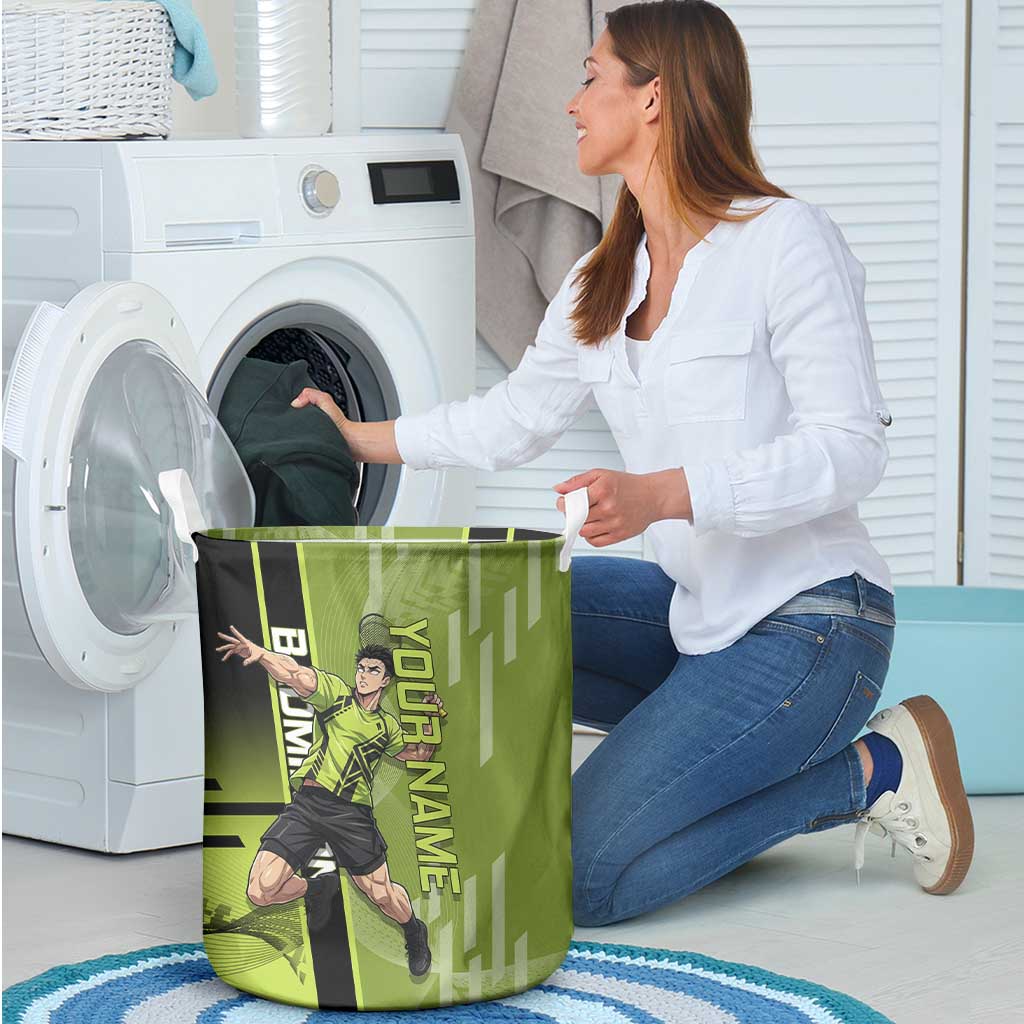 Personalized Gyomei Himejima Demon Slayer Badminton Laundry Basket with Racket Action Pose and Green Black Graphic Design - The Mazicc