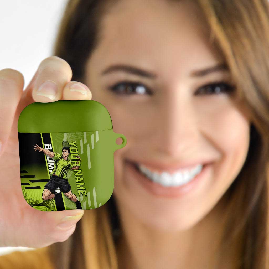 Personalized Gyomei Himejima Demon Slayer Badminton AirPods Case with Racket Action Pose and Green Black Graphic Design - The Mazicc
