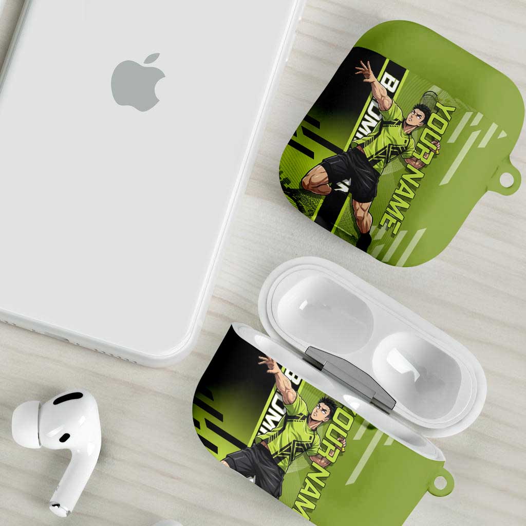Personalized Gyomei Himejima Demon Slayer Badminton AirPods Case with Racket Action Pose and Green Black Graphic Design - The Mazicc