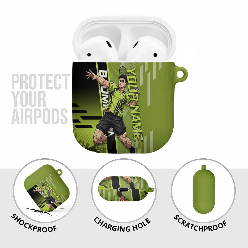 Personalized Gyomei Himejima Demon Slayer Badminton AirPods Case with Racket Action Pose and Green Black Graphic Design - The Mazicc