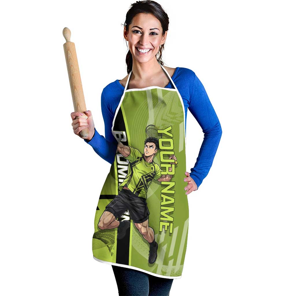 Personalized Gyomei Himejima Demon Slayer Badminton Apron with Racket Action Pose and Green Black Graphic Design - The Mazicc