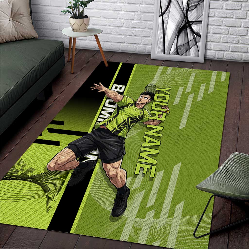 Personalized Gyomei Himejima Demon Slayer Badminton Area Rug with Racket Action Pose and Green Black Graphic Design - The Mazicc