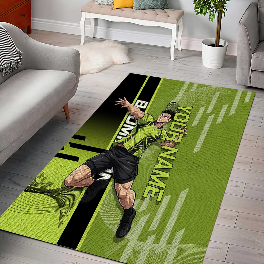 Personalized Gyomei Himejima Demon Slayer Badminton Area Rug with Racket Action Pose and Green Black Graphic Design - The Mazicc