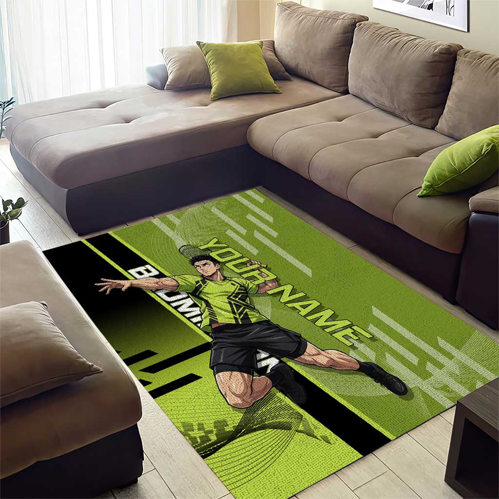 Personalized Gyomei Himejima Demon Slayer Badminton Area Rug with Racket Action Pose and Green Black Graphic Design - The Mazicc