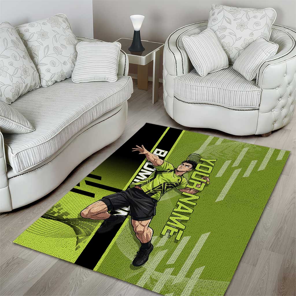Personalized Gyomei Himejima Demon Slayer Badminton Area Rug with Racket Action Pose and Green Black Graphic Design - The Mazicc