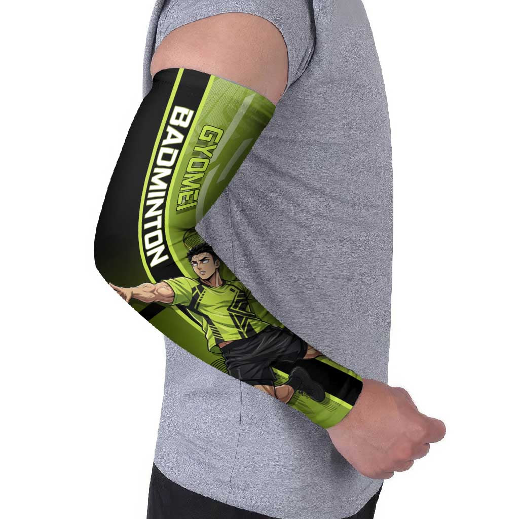 Personalized Gyomei Himejima Demon Slayer Badminton Arm Sleeves with Racket Action Pose and Green Black Graphic Design - The Mazicc