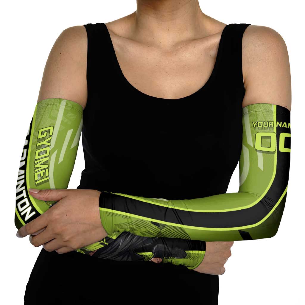 Personalized Gyomei Himejima Demon Slayer Badminton Arm Sleeves with Racket Action Pose and Green Black Graphic Design - The Mazicc