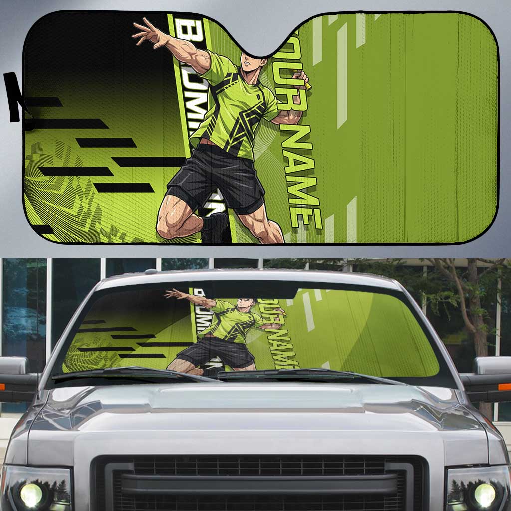 Personalized Gyomei Himejima Demon Slayer Badminton Auto Sun Shade with Racket Action Pose and Green Black Graphic Design - The Mazicc
