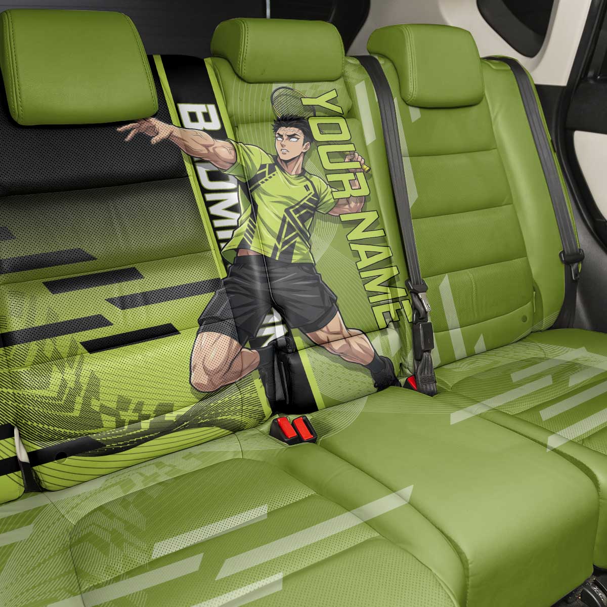 Personalized Gyomei Himejima Demon Slayer Badminton Back Car Seat Cover with Racket Action Pose and Green Black Graphic Design - The Mazicc