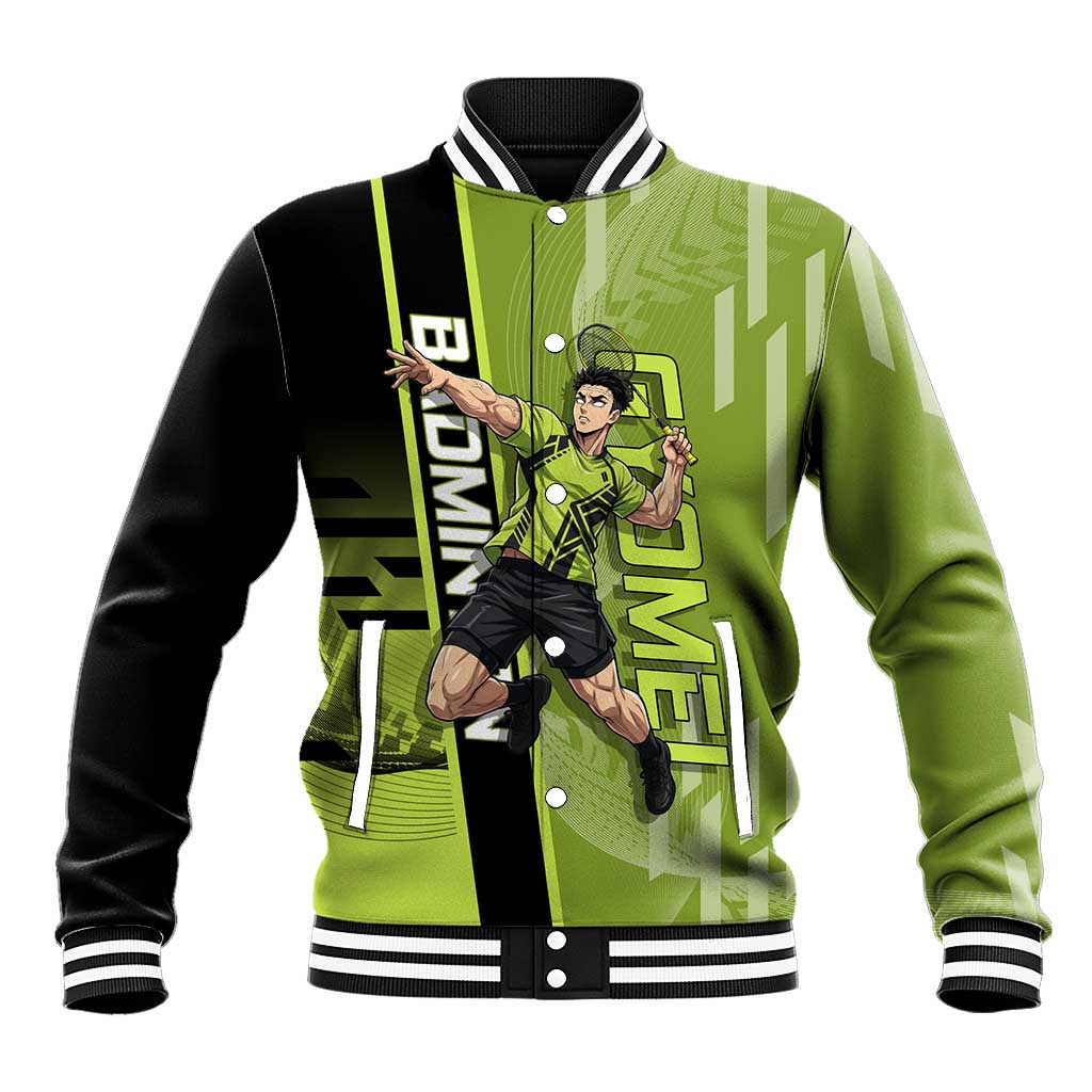 Personalized Gyomei Himejima Demon Slayer Badminton Baseball Jacket with Racket Action Pose and Green Black Graphic Design - The Mazicc